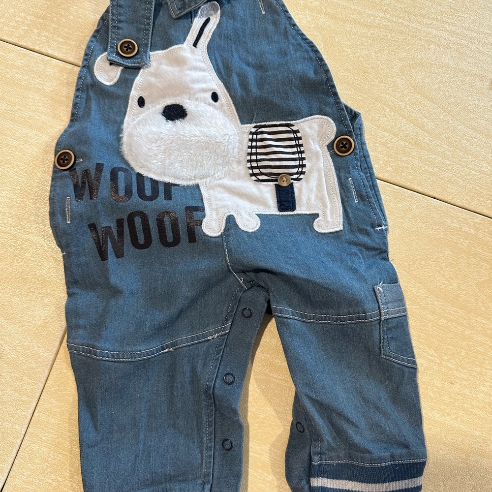 Blue Denim Overalls with Cute Dog Appliqué
